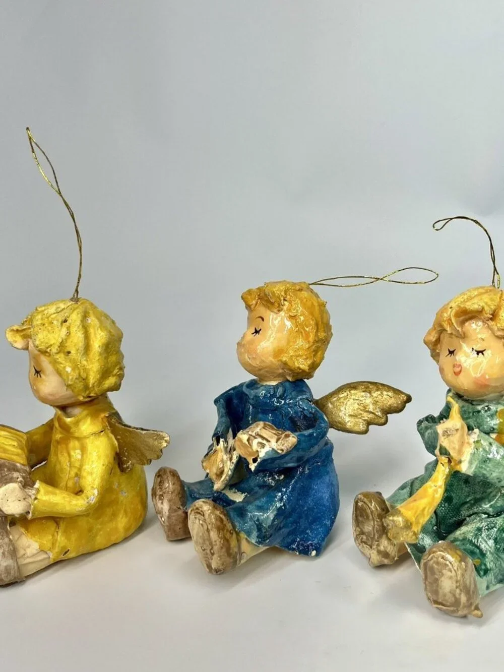 VTG Paper Mache Christmas Angel Ornament Playing Instrument Holiday Lot Of 3